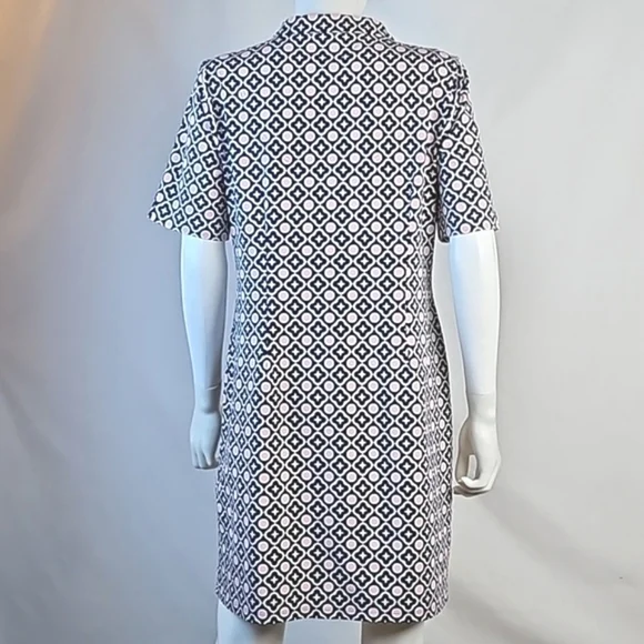 Talbots Navy & Pink Geometric Print Split Mockneck Short Sleeve Shift Dress - Picture 9 of 16